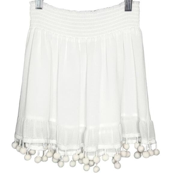 Ramy Brook Stevie Smocked Mini Skirt Pom Pull On Summer Skirt White XS NWOT - Picture 2 of 11
